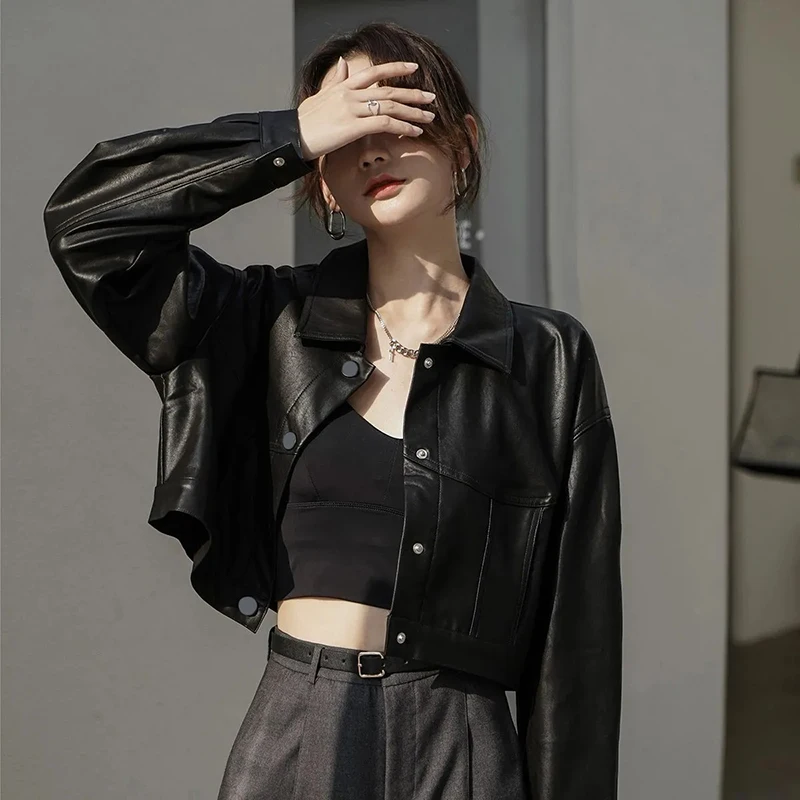 

Gidyq Vintage Moto Leather Jacket Women Autumn Winter New Black Loose Crop Coat Korean Fashion All Match Pu Leather Outerwear