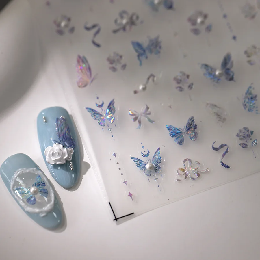 Dreamy Flash Blue Butterfly Pearl Nail Sticker High Quality 5D Diamond Adhesive Nail Art Decoration High Quality