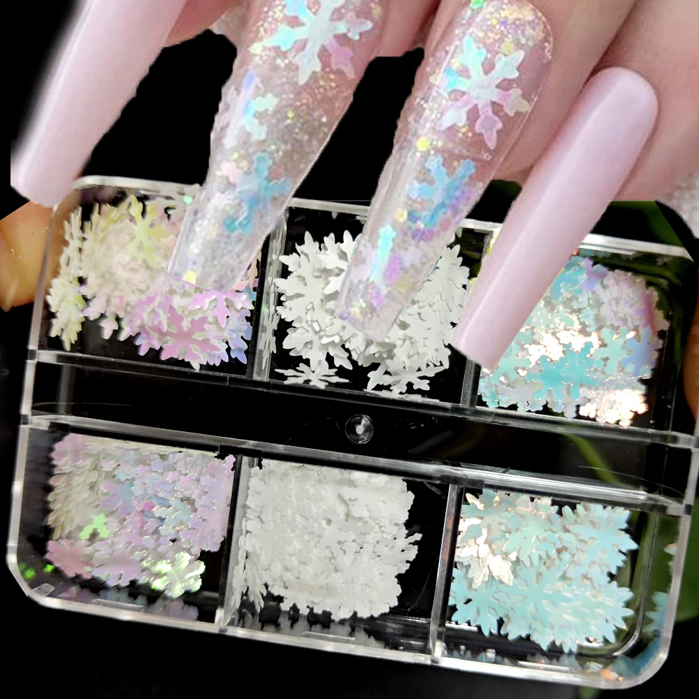 6Grid/Box Christmas Aurora White Snowflake Nail Sequins Mixed-Size Glitter Laser Snowflake Nail Flakes DIY Xmas Snowflake Sequin
