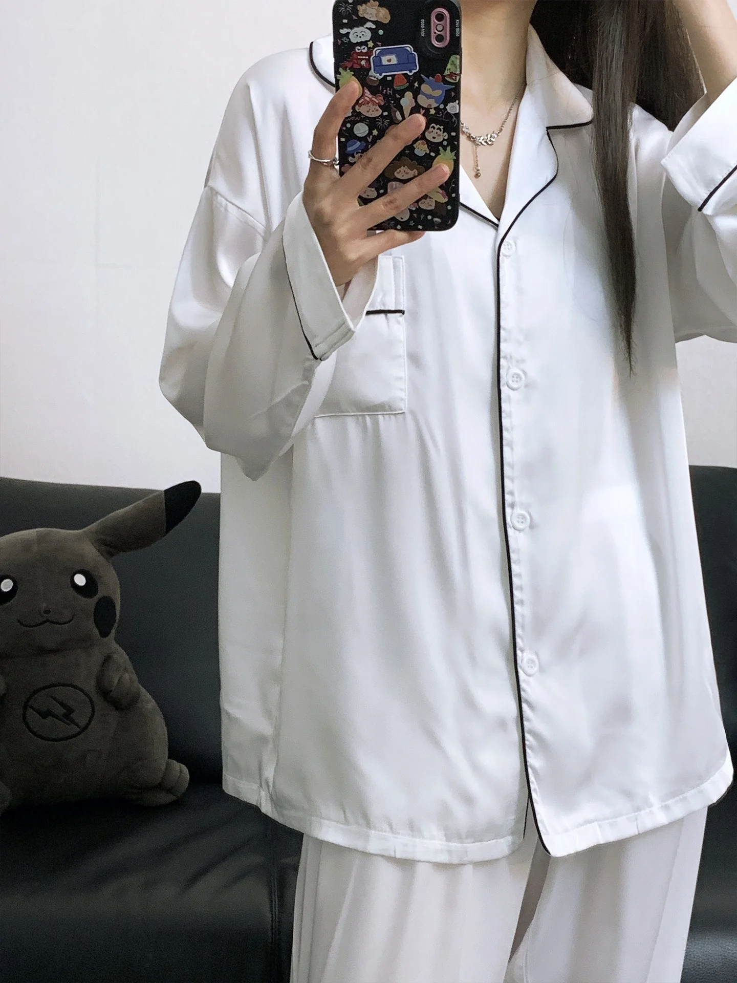 

Белый домашний костюм из ледяного шелка с длинными рукавами и брюками для пар, тонкий летний комплект в корейском стиле для молодежи