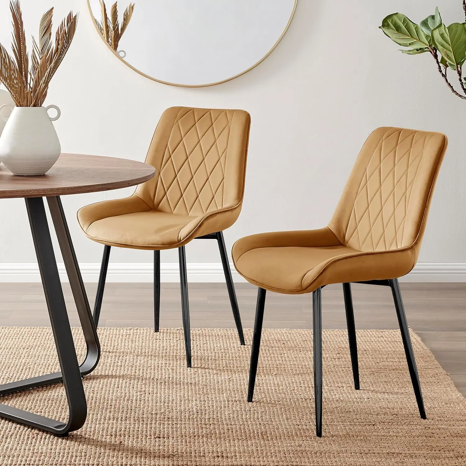 Juego de 2 sillas de comedor, terciopelo amarillo mostaza, patas de metal negro, sillas de cocina de comedor de lujo contemporáneas modernas