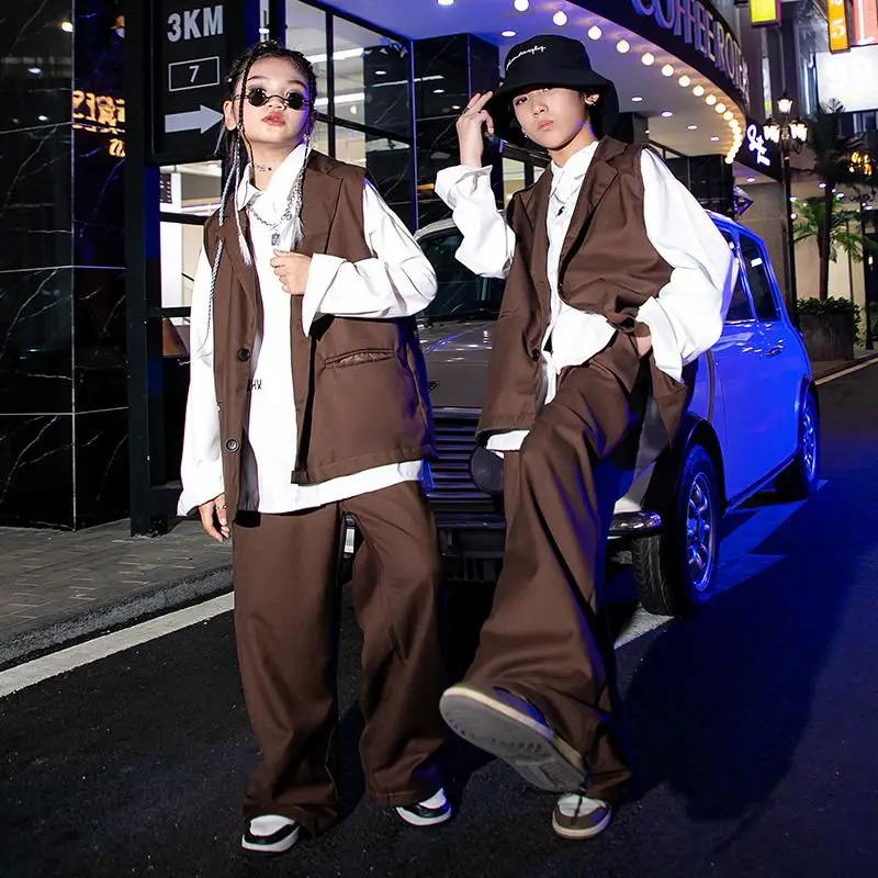 

Boys Girls Streetwear Fashion Show Hip Hop Loose Suits Set Vest Pant Children Waistcoat Trousers Tracksuits Kids Stage Clothing