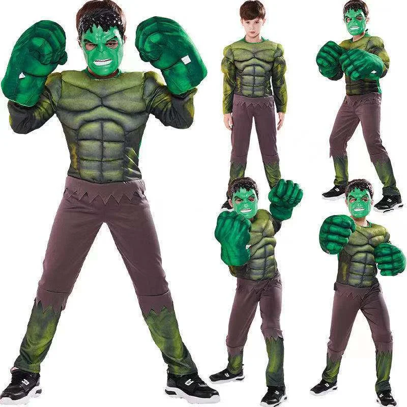 Kids Green Superheroes Anime Cosplay Muscle Costumes with Gloves Boys Birthday Halloween Carnival Party Hulk Dress Up Jumpsuit