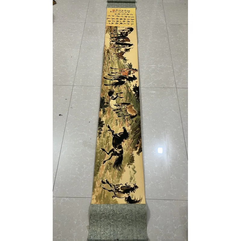 Antique Celebrity Calligraphy and Painting Xu Beihong Ten Juntu Picture Long Scroll Painting Scroll Living Room Decorative Paint