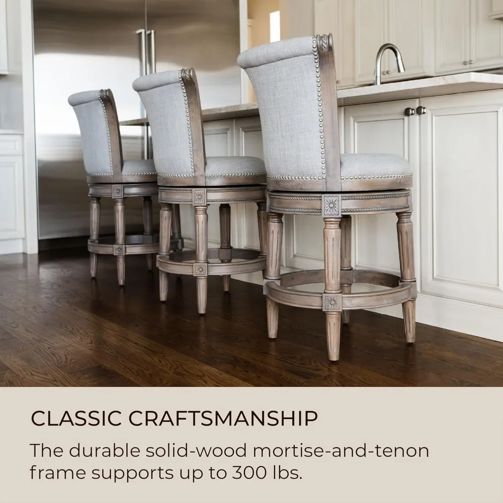 Tall Bar Height Upholstered Barstool with Back in Reclaimed Oak Finish with Ash Grey Fabric Cushion Seat, Set of 4