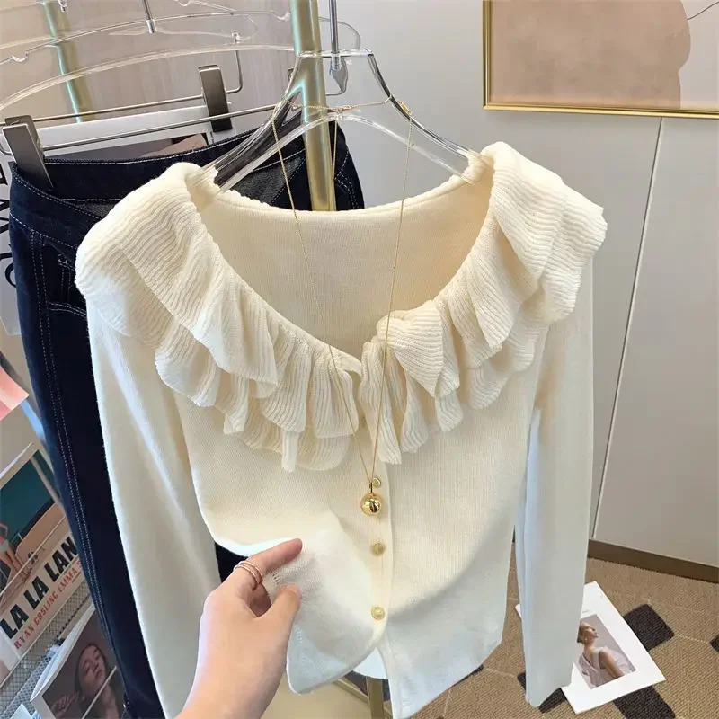 Slim Short Long Sleeved Top French Ruffle Style Knitted Cardigan Mujer Y2k Sueter V Neck Outwear Black Striped Sweaters