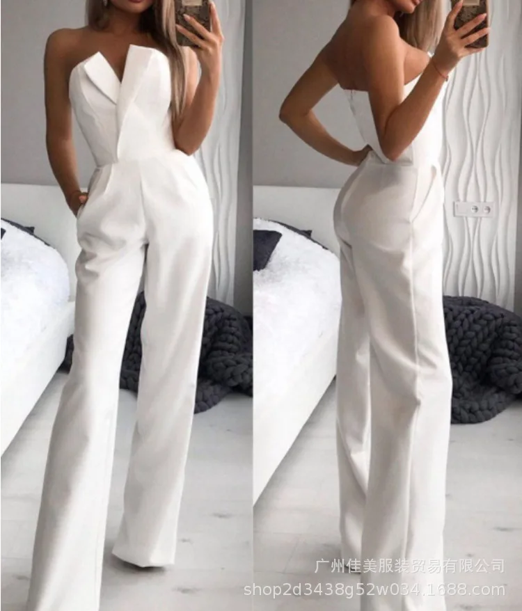 Jumpsuit wanita One Piece Slash leher tanpa lengan Romper overall warna Solid lurus celana kantong disambung High Street seksi