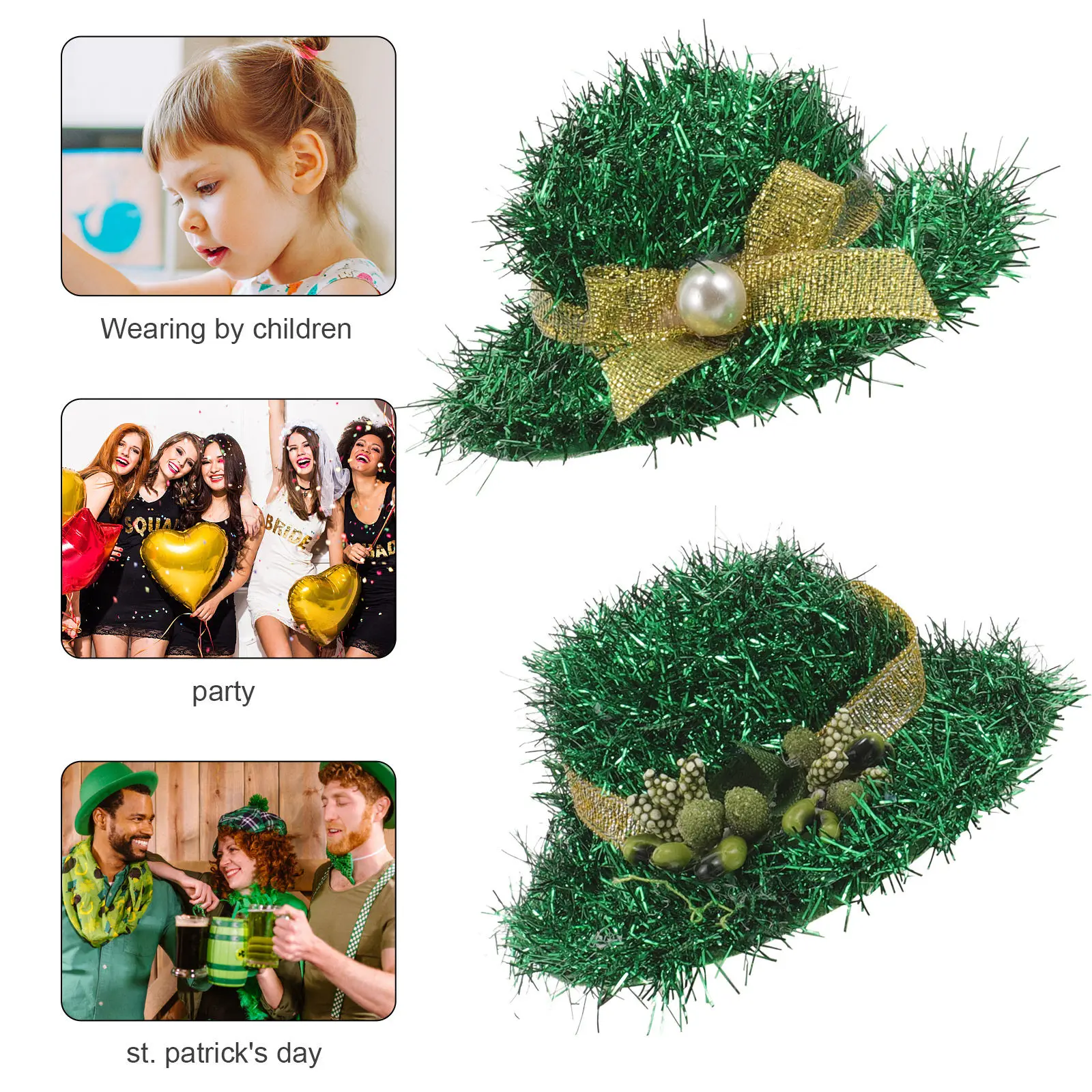 2Pcs Green Hat Hair Clips Top Hat Design St Patrick's Day Hair Accessories Cute Decorative Bow Flower Bouquet for Women Girls view 2