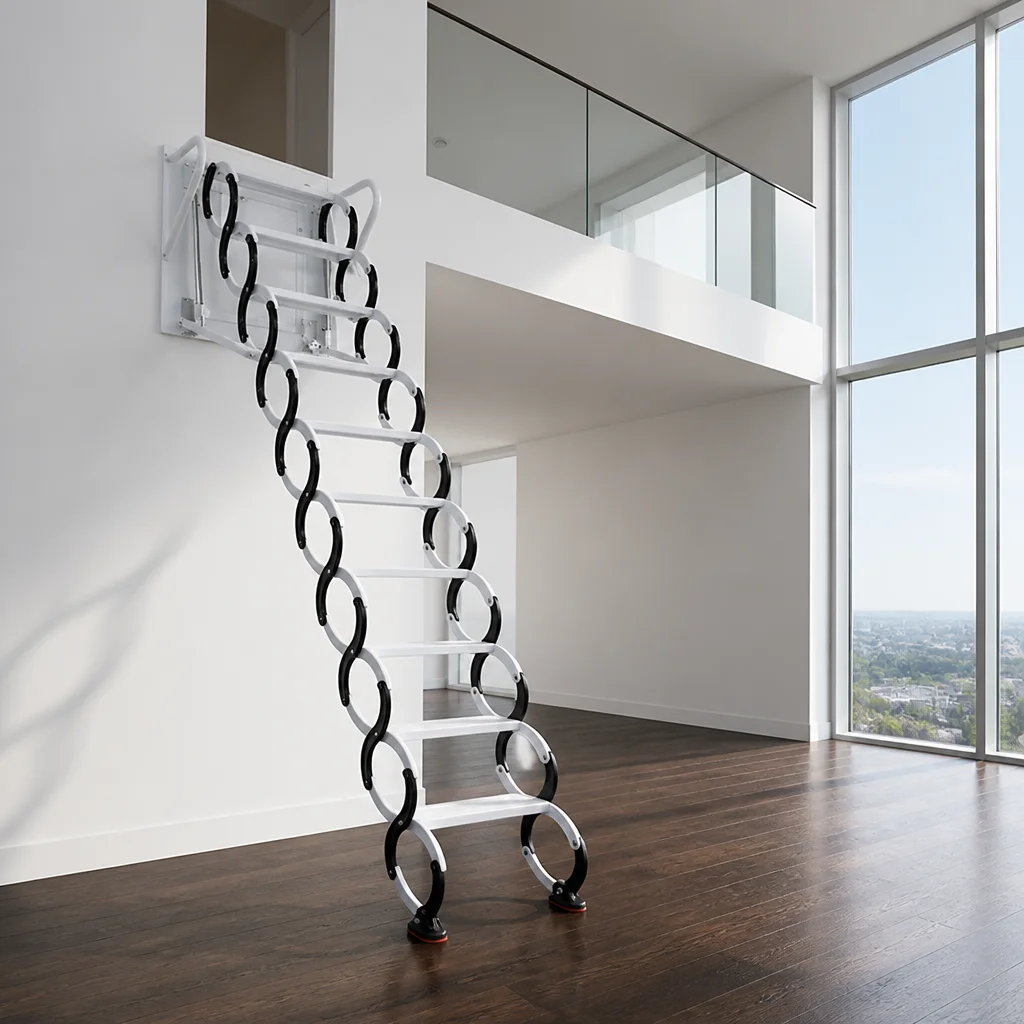 Modern Carbon Steel Wall-mounted Folding Loft Ladder Retractable Attic Stairs Space-saving Indoor Staircase Non-slip Steps 300kg