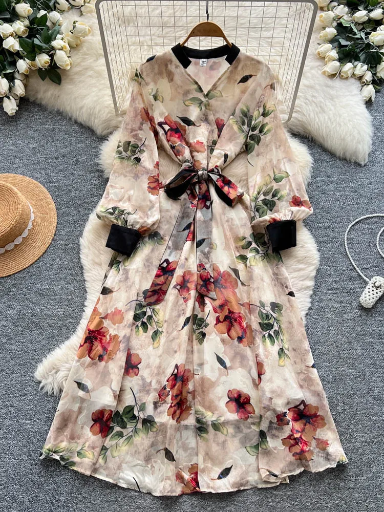 Ele Stampa floreale Maxi Dr Abito da donna a vita alta con finiture in pizzo Lungo Sve Abito a trapezio snellente Bla French Country Sle