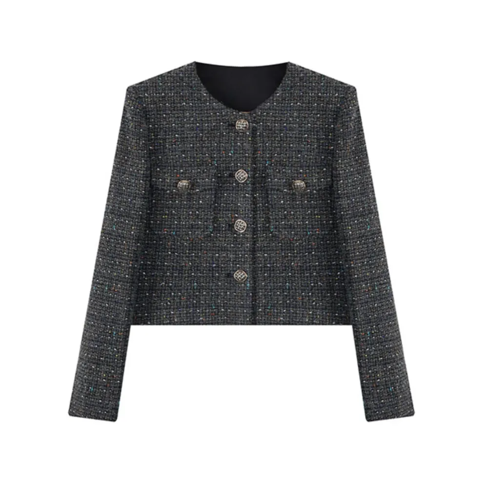 Black gray little fragrance coat Autumn/Winter braided tweed top for girls