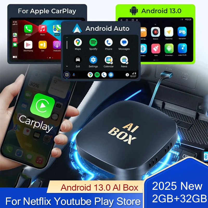

2025 Android 13 Car AI Box Wireless Carplay Android Auto Adapter WiFi 2GB+32GB For Netflix YouTube car intelligent systems