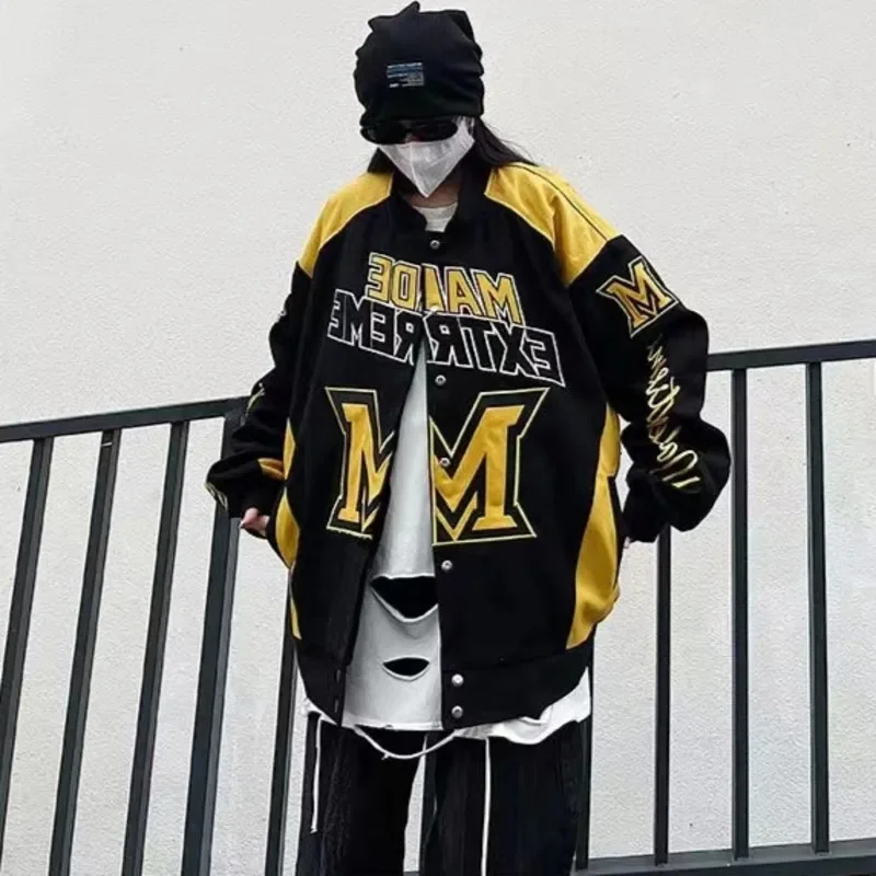 Embroidery Jacket Retro Street High Street Heavy Industry Racing Motorcycle Jacket Retro Color Block Letters Chic Loose Coat New