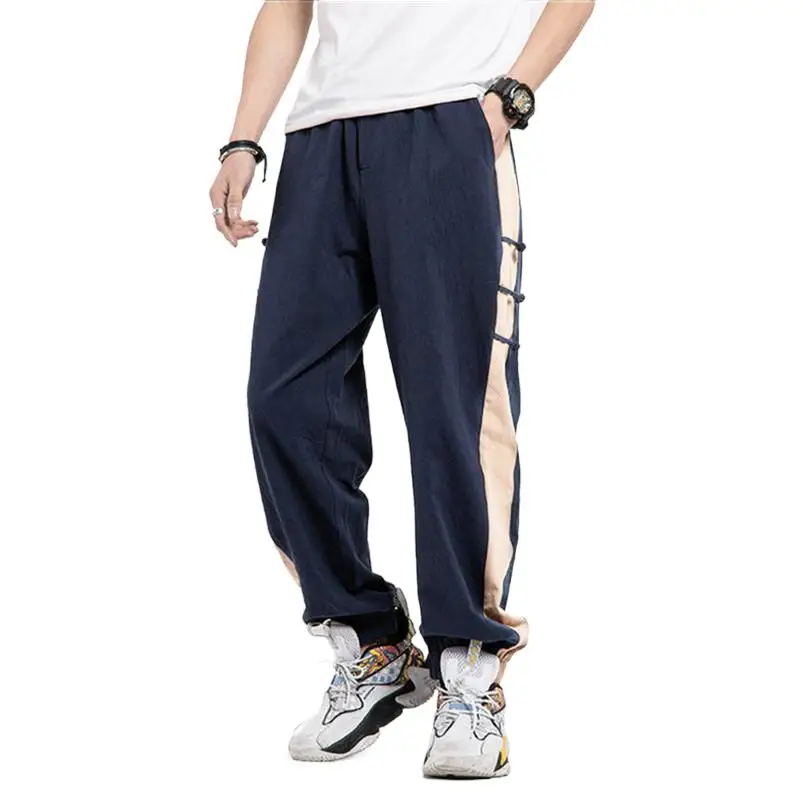 Summer New Korean Fashion Long Pants Men Autumn Cotton Linen Pants Teenage Button Patchwork Trousers Plus Size M-8XL