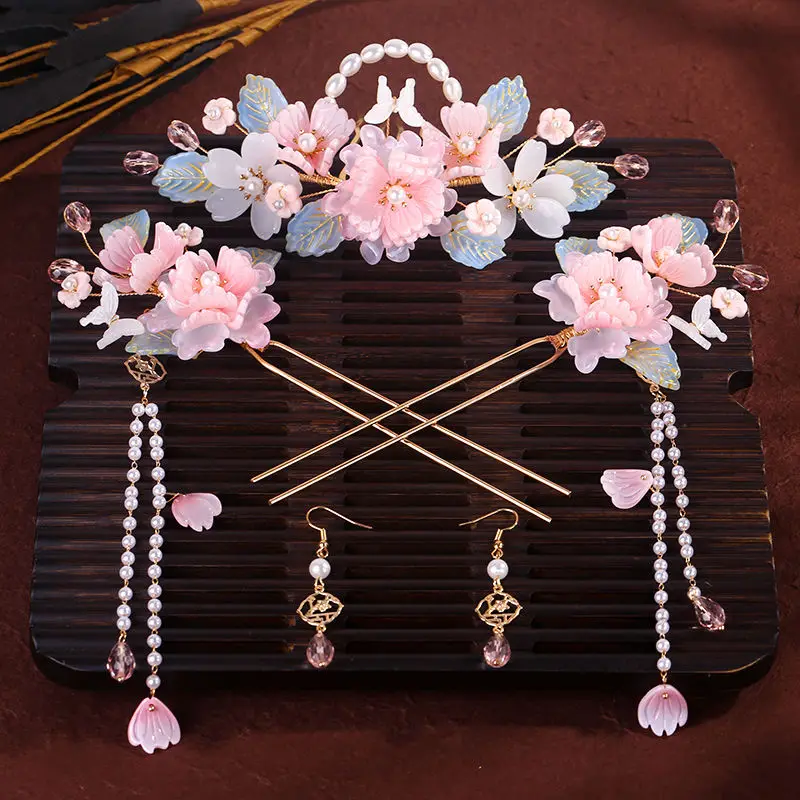 

Ancient Womens Pink Glass Flower Beads Tassel Hair Crown Set Chinese Hanfu Headwear