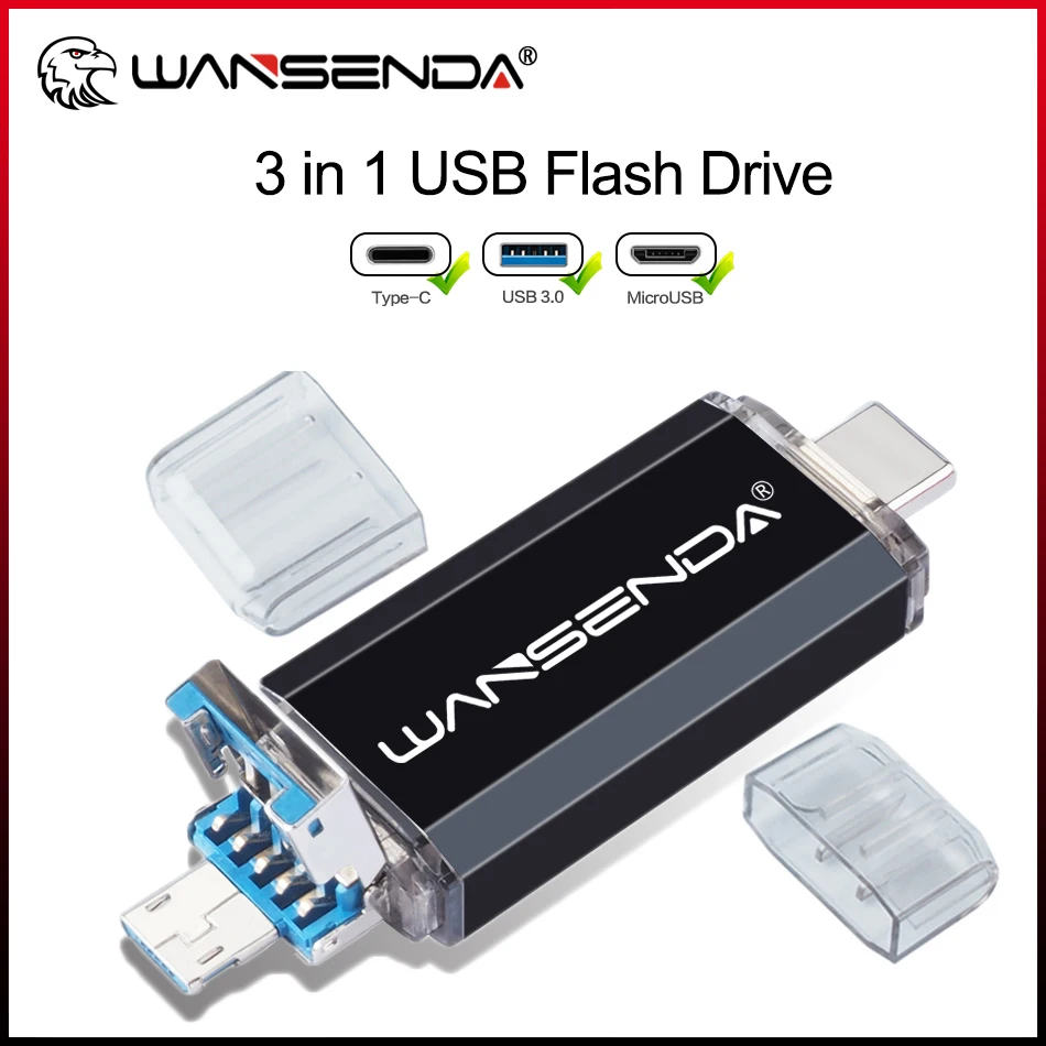 

WANSENDA USB-накопитель 3 в 1 USB3.0 и Type C и MicroUSB OTG Pendrive 512 ГБ 256 ГБ 128 ГБ 64 ГБ 32 ГБ Thumbdrive Memory Stick