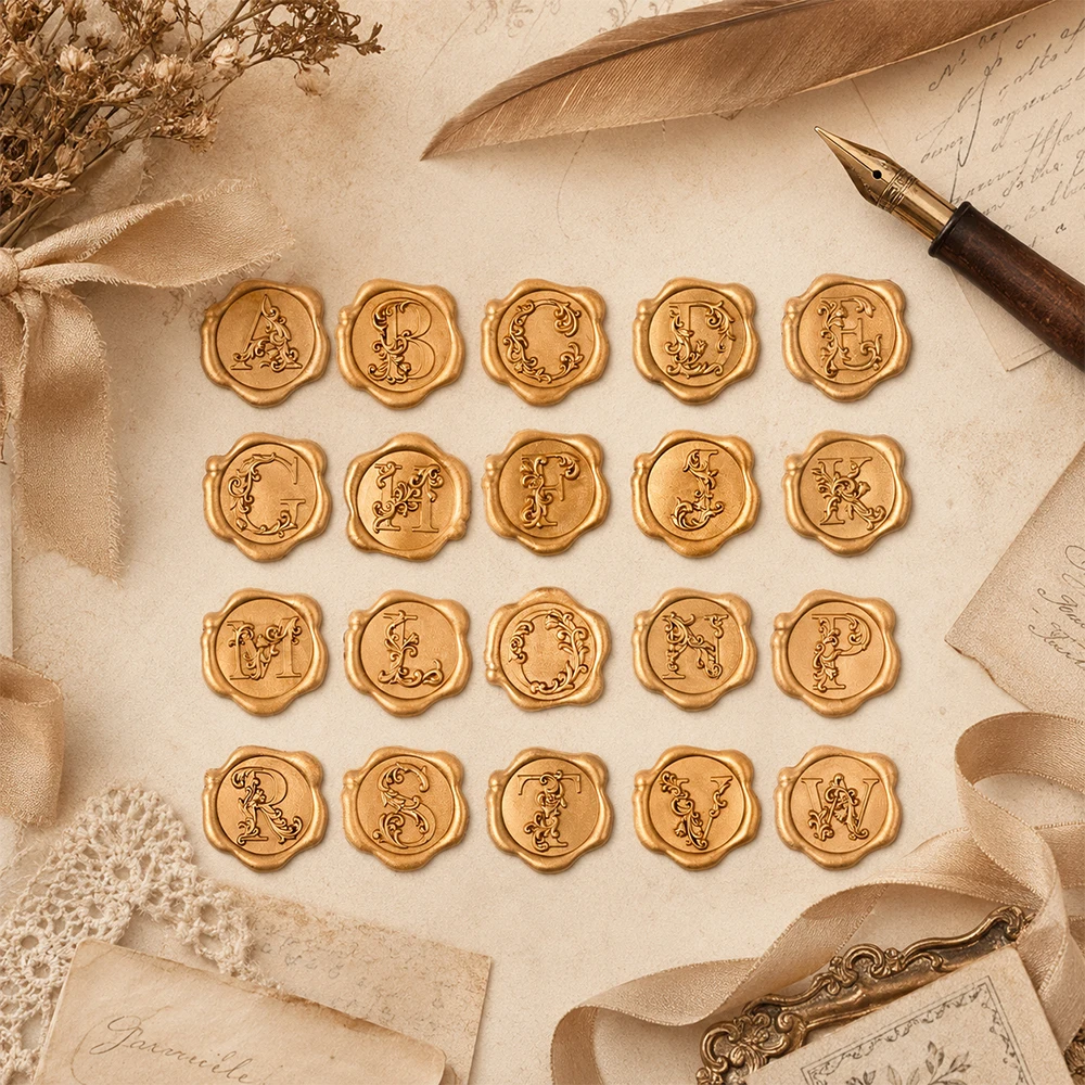 25pc 3D Floral Gold Initial Letter Self-Adhesive Wax Seal Stickers, Alphabet Envelope Seals for Wedding Christmas Gift Packaging