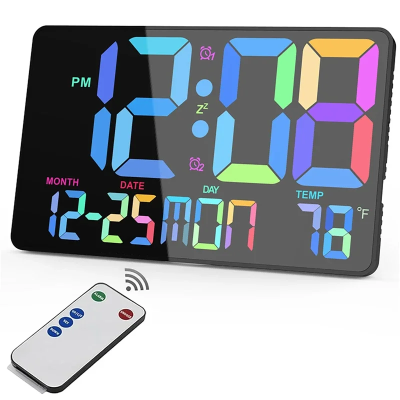 Hanging Large Screen Rgb Wall Clock Date Time Temperature Display Electronic Digital Clock Dual Alarms with Remote Control