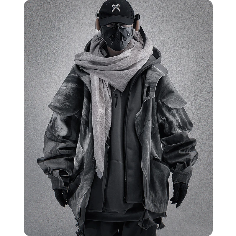 Unisex High Street Functional Cargo Jacket Techwear Fake two-piece Tactical Windbreaker Coats Streetwear Men\'s clothing Oversize