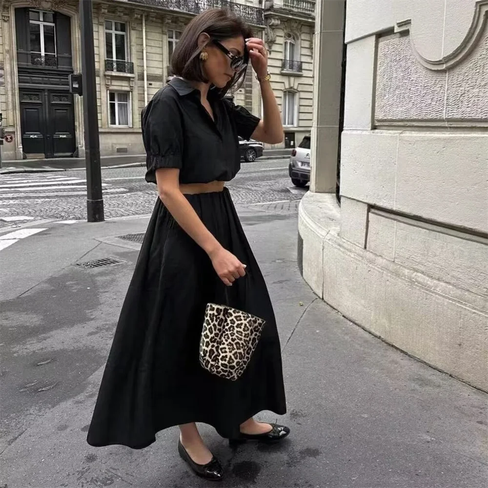 ZA2024 Autumn New Women\'s Fashion Style Casual Solid Color Simple and Versatile Collar Shirt Wide Swing Midi Skirt Set
