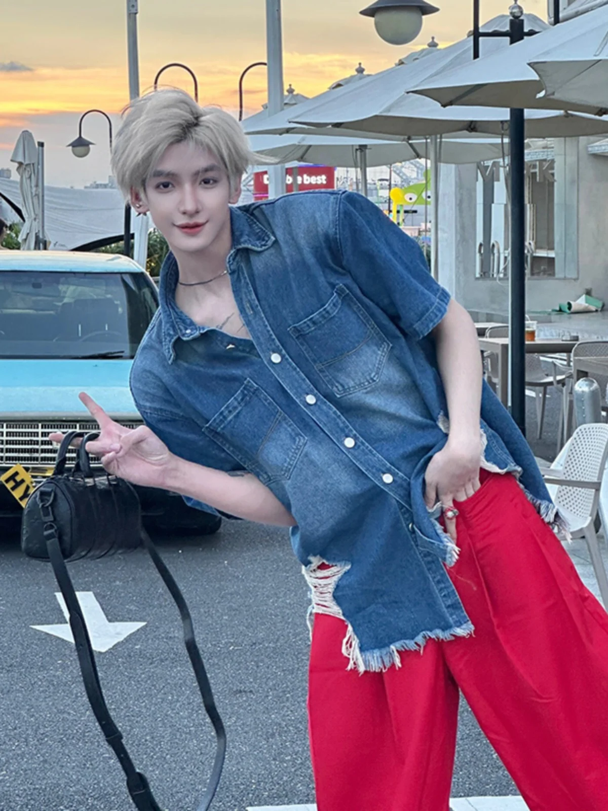 

Ripped Hem Denim ort Sve irt Men Summer Design Cool Streetwear American Workwear irt Jaet for Teen Boys