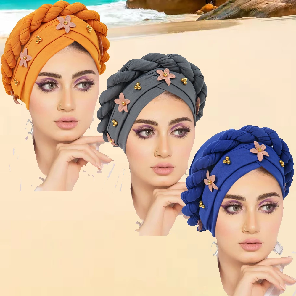 Neue Blume Perlen Chemo Kappe Frauen Muslimischen Geflecht Hijab Turban Indisches Kopftuch Motorhaube Hut Haarausfall Headwrap Schal Turbante Mujer