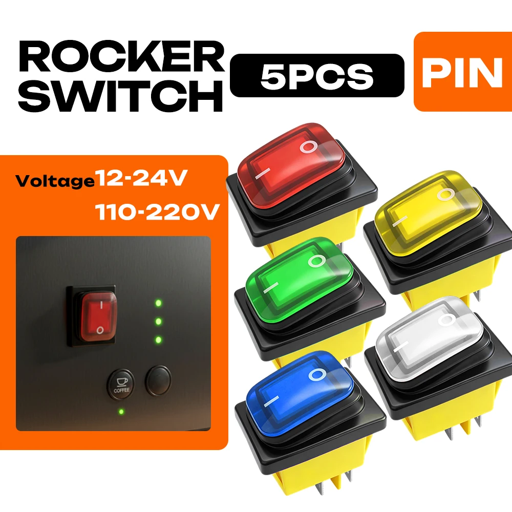 FILN 5PCS 20A Rocker Switch KCD4 4 Pin DPST Waterproof Heavy Duty 12V 220V LED Lighted for Coffee Machine RV Boat PA66