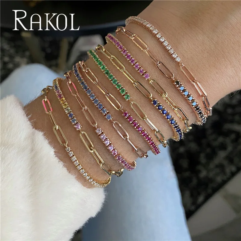 RAKOL Multicolor Round Cubic Zirconia Tennis Bracelets for Women INS Trendy Gold Color Chain Bracelet Party Jewelry