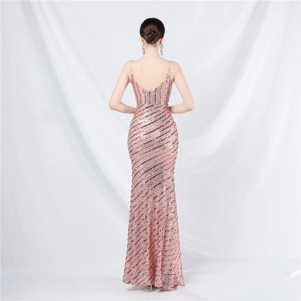 DEERVEADO Sexy Mermaid V Neck Sequins Evening Dress for Woman Strap Party Dresses for Special Events Formal Occasion Dress Long