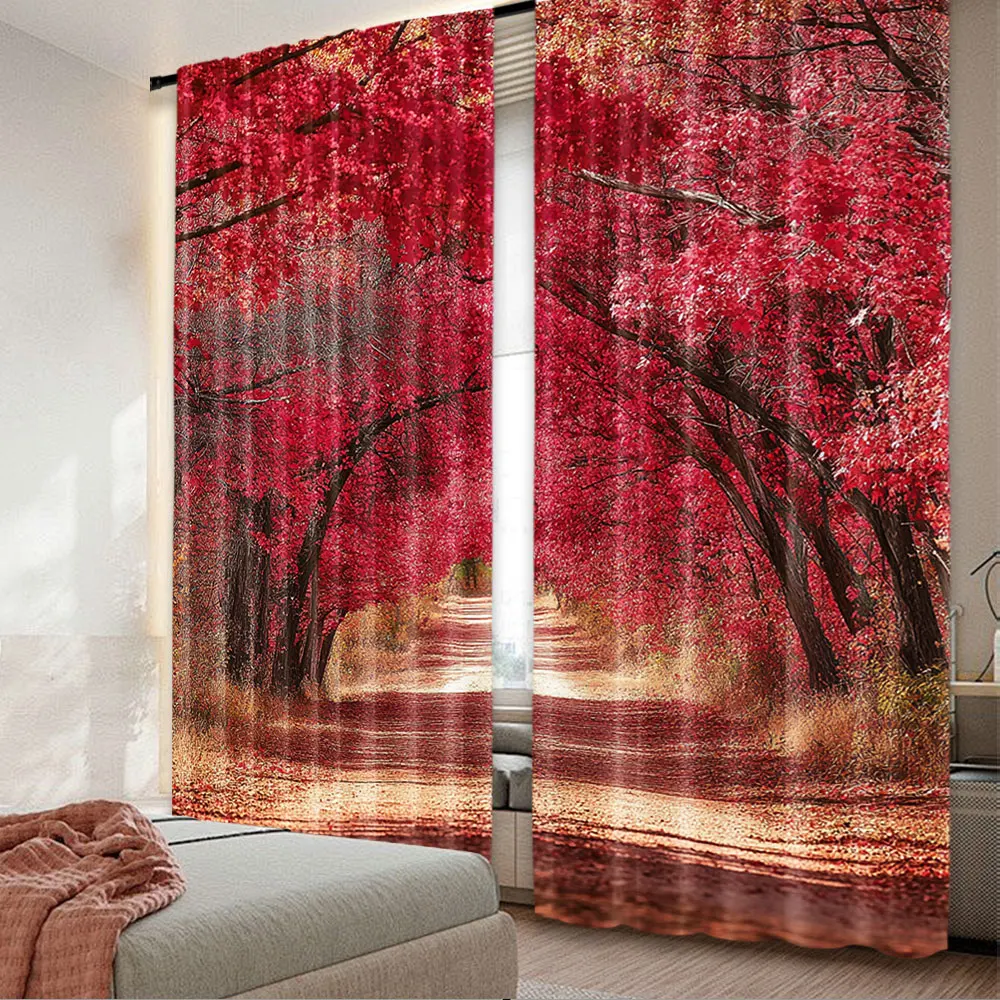 2Pcs Curtain Autumn Maple Leaf Forest Tree Scenery Curtain Thanksgiving Party For Living Room Bedroom And Many Other Occasions