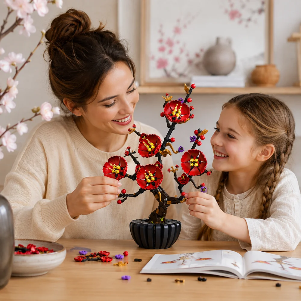 新しい梅の花盆栽モデルブロック、599個の詳細な花束セット、 - Bonsai Garden Lego のレビューと価格