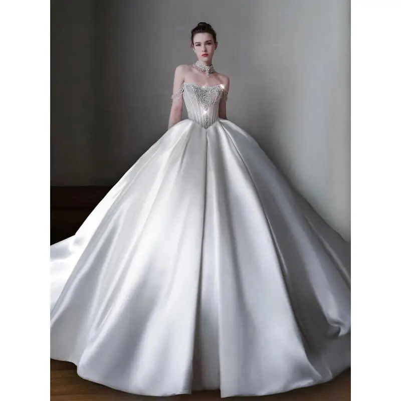 Customiz Sleeveless Ball Gown Wedding Dress 2025 Strapless Beaded Crystal Satin Bride Party Princess Plus Size Vestido De Noiva