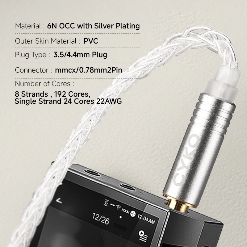 CYKO HIFI سماعة كابل 8 الأساسية 6N كريستال واحد النحاس الفضة مطلي كابل 3.5/4.4 مللي متر MMCX/0.78 مللي متر 2Pin IEM ترقية الكابلات