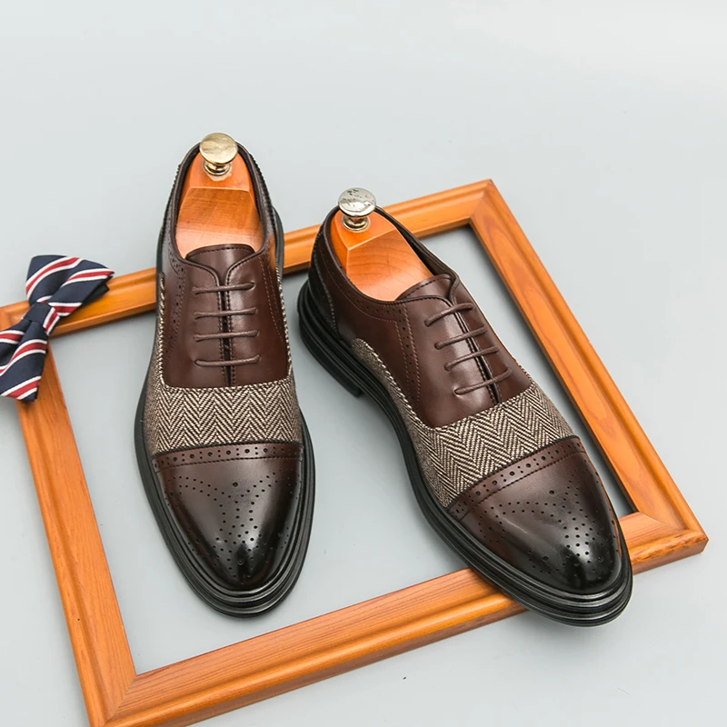 

Block Carved Men Shoes PU Solid Color Low Heel Lace Up Classic Business Men Shoes Large Size 38-46