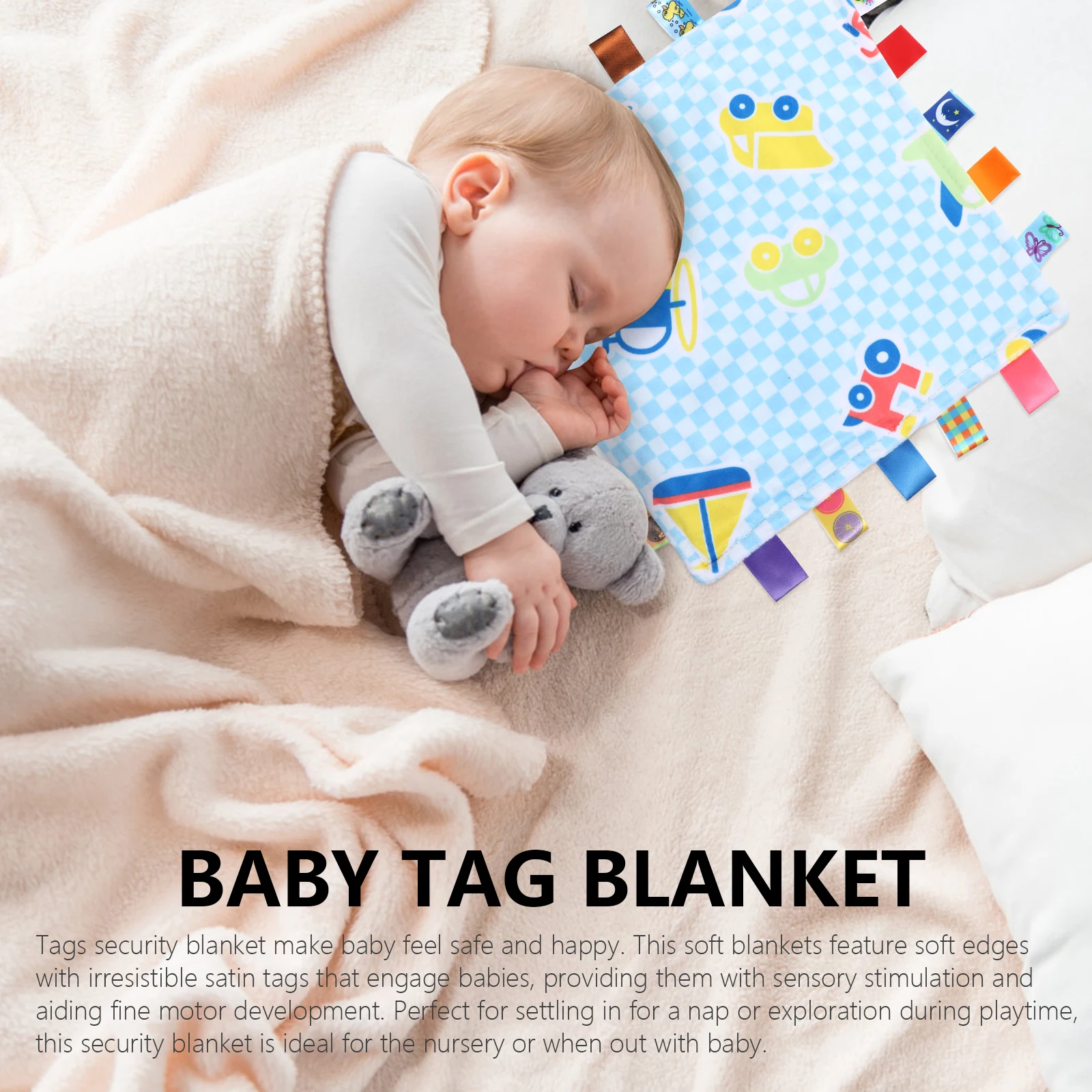 

Soothing Baby Tag Blanket Pink Security Blanket with Colorful Tags Newborn Cotton Sensory Stimulate Fine Motor Development