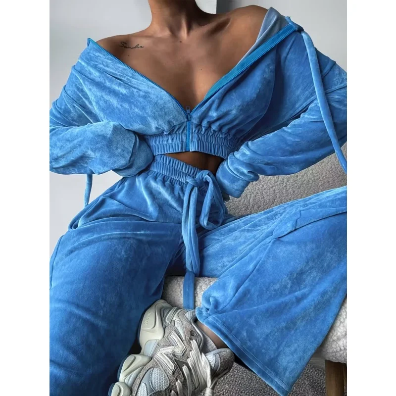 Damen-Samt-Outfit-Set, 2-teilig, schulterfreies Crop-Top mit Reißverschluss und Hose mit weitem Bein, Trainingsanzug, langärmlig, lässige Loungewear-Kombinationen – Detail 3