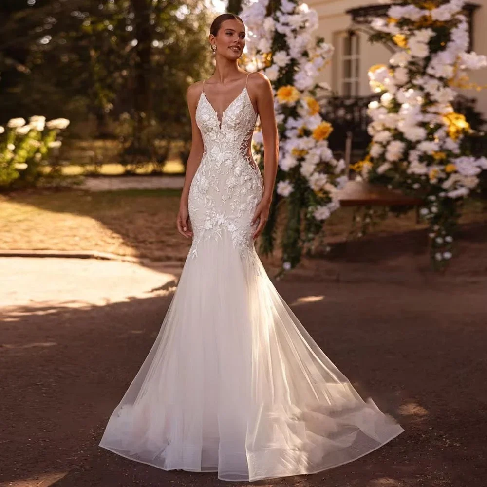 

Sexy Sweetheart Collar Tulle Women Wedding Dresses Backless Sleeveless Bride Gowns Customized Lace Appliques Vestidos De Novia