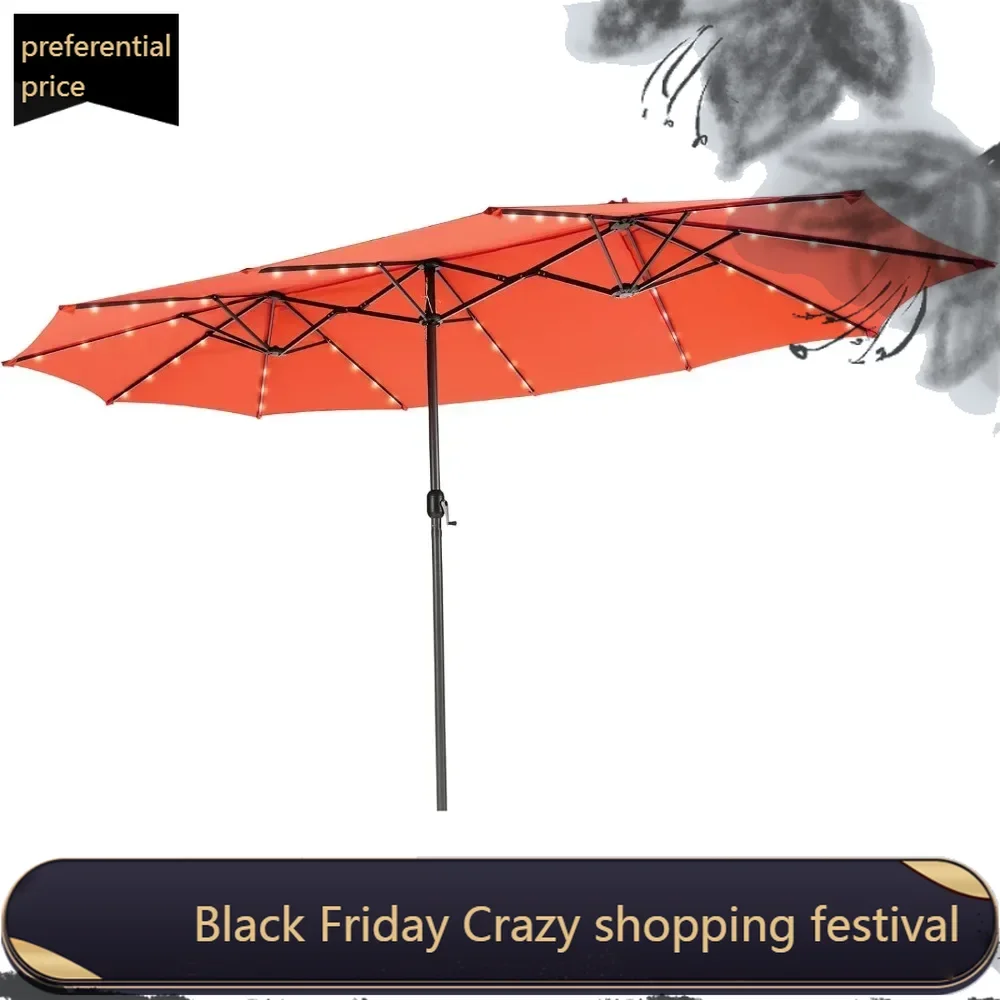 15 Ft Twin Patio Umbrella with 48 LED Lights, Double-Sided Outdoor Umbrella W/ Auto-Charging Solar Panel