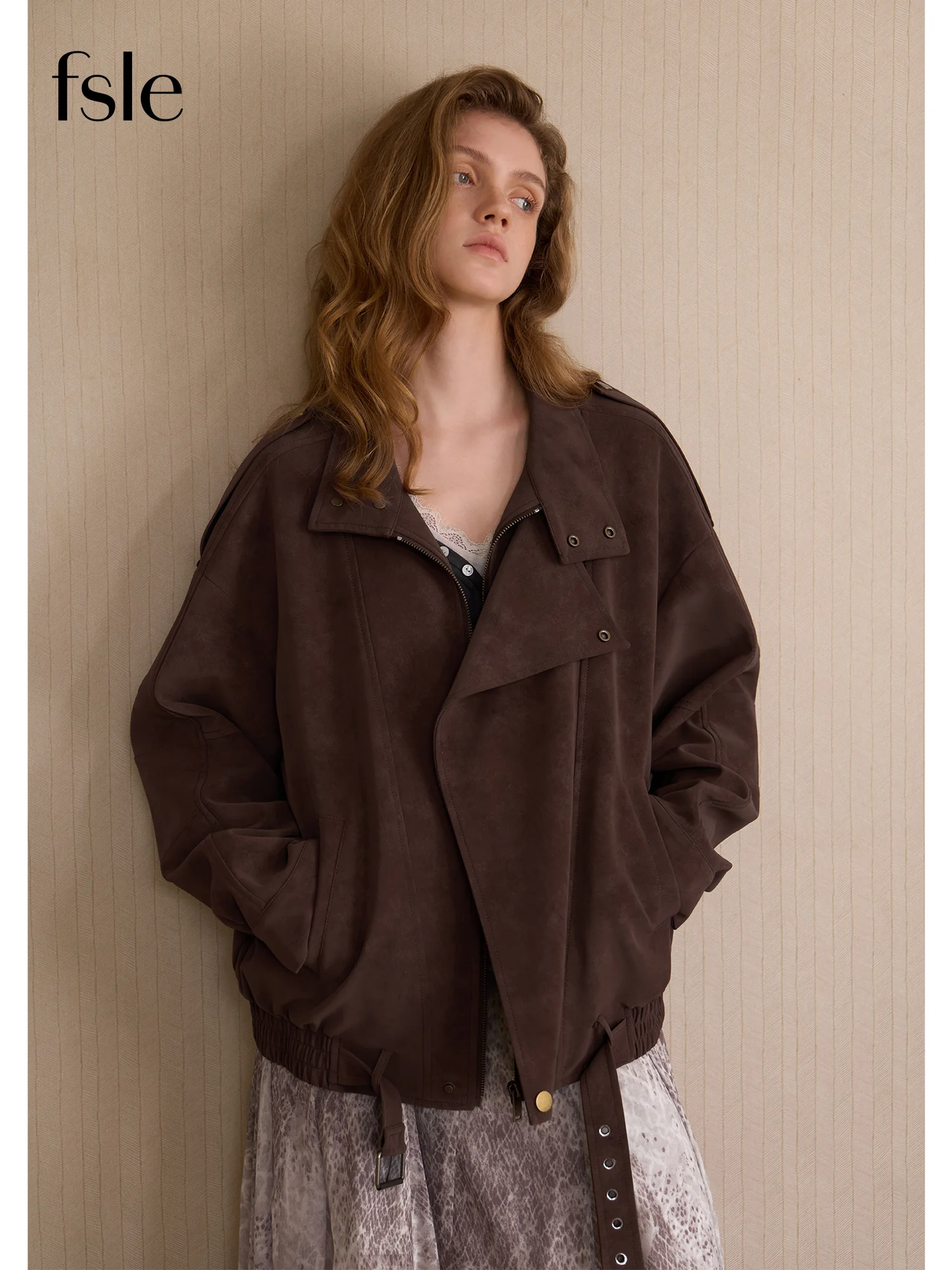 FSLE 2026 Fall Women Retro Faux Suede Short Jacket Stand Collar Asymmetric Front Commute Coat Solid Loose Fit Chic