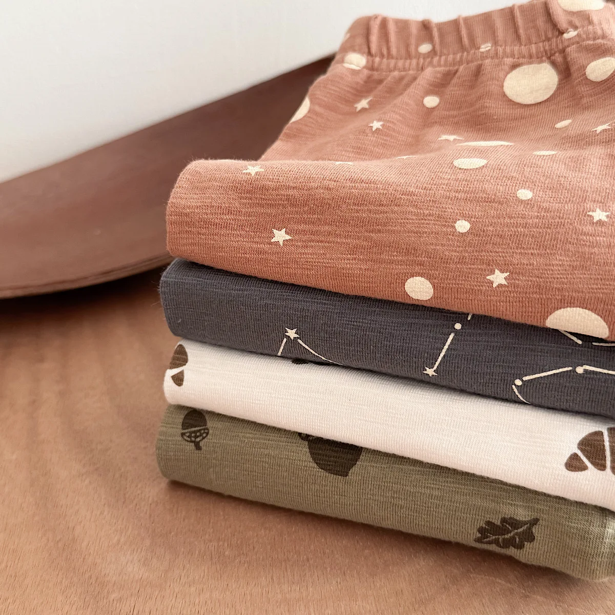 Spring Autumn Unisex Baby 4Pcs Forest Print Leggings, Infant Star Moon Acorn Croissant Constellation Casual Pants