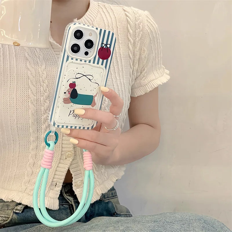 Card bag transparent painted apple sausage dog phone case with hanging rope For iPhone 11 12 13 14 15 16 pro max
