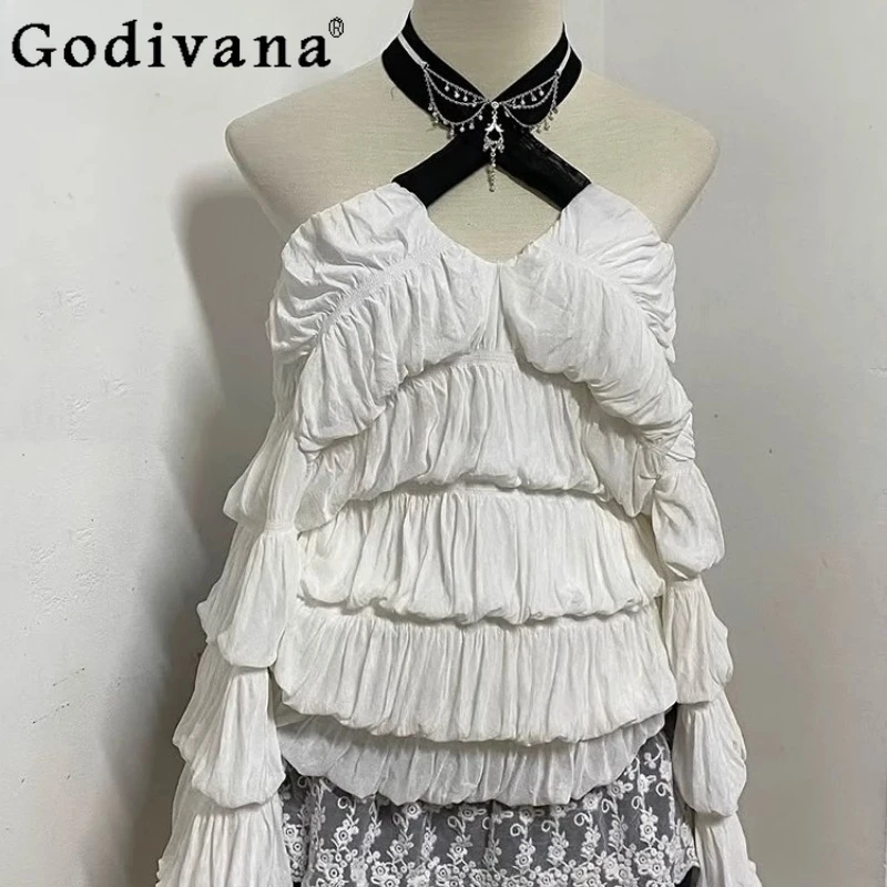 오리지널 하이엔드 패션 다용도 셔츠 여성용 화이트 긴팔 Y2K 블라우스 핫걸 여름 유니크 고급 홀터탑