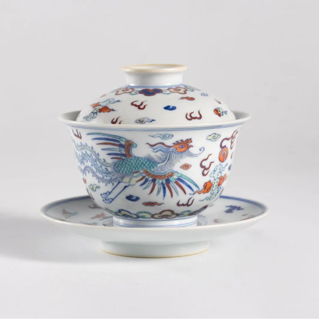 Jingdezhen Doucai Dragon and Phoenix Chengxiang three talents cover the bowl, painted apricot flower non-genetic inheritor
