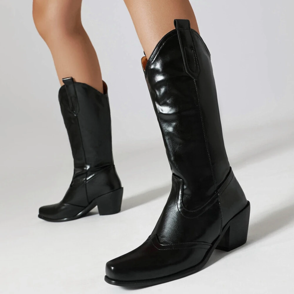 أحذية رعاة البقر الغربية ريترو الأسود منتصف العجل أحذية للنساء كعب سميك أحذية القوطي بوتاس دي موهير حجم كبير 34-48 أحذية 777-9