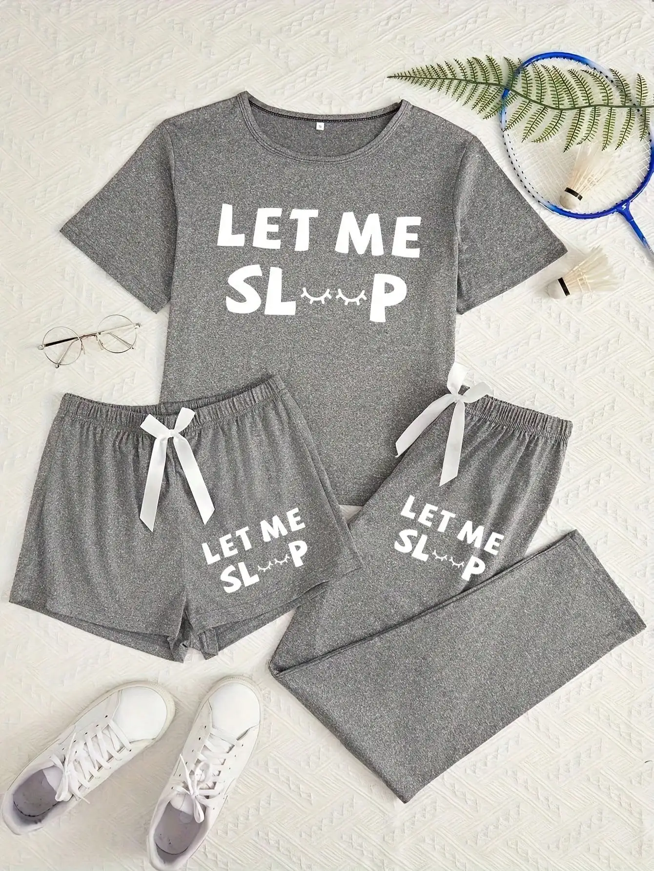 

Women's Gray Letter Print Pajama Set with Bow Detail, Short Sleeve Top & Matching Shorts or Pants