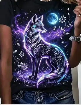Women Mystical Moon Wolf Print T‑Shirt Purple Nebula Starry Sky Floral Scene Crew Neck Short‑Sleeve Casual Tops