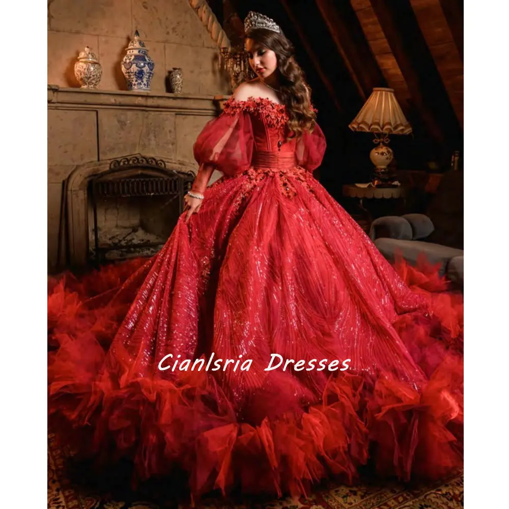 

Red Long Sleeve Crystal Sequined Quinceanera Dresses Ball Gown Off The Shoulder 3D Flowers Appliques Corset Vestidos De XV Años