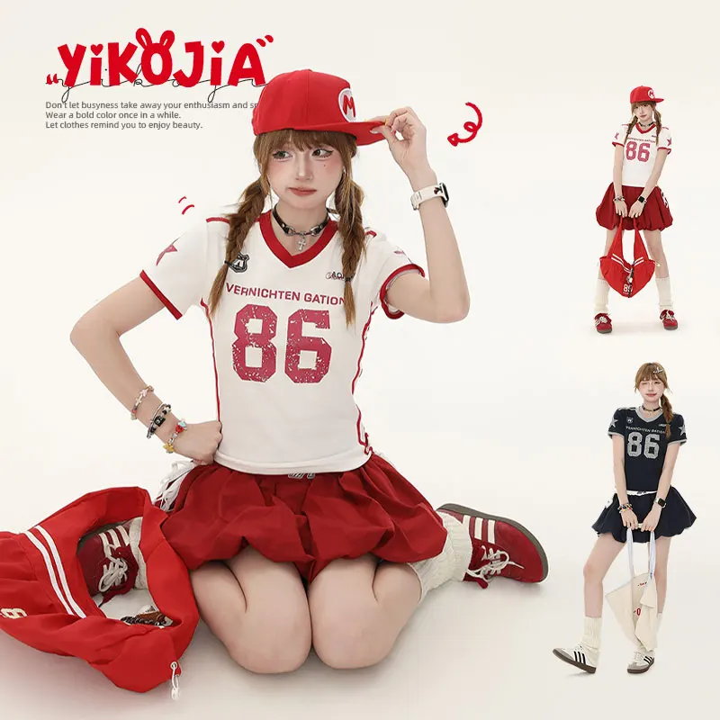 

KOJIA American Retro V-ne Sport Sle ort Sve T-irt Women Summer Slimming ort Length Top Streetwear Cotton Blend