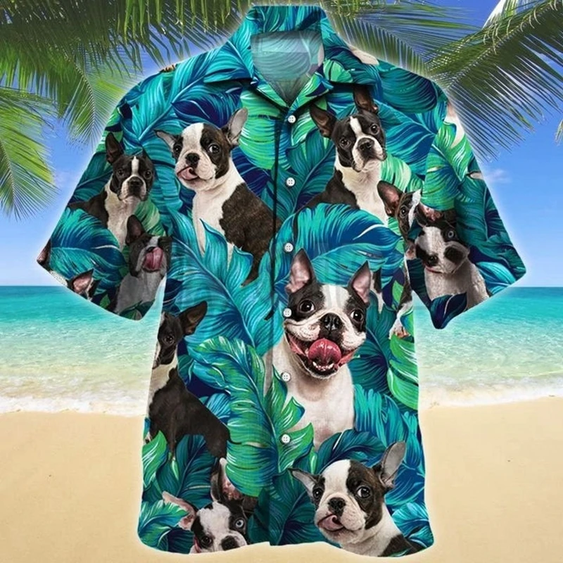 Kemeja Hawaii untuk pria Cutecore anjing hewan seksi bunga rakun tropis kasual pantai Streetwear pemuda Vintage lucu longgar uniseks