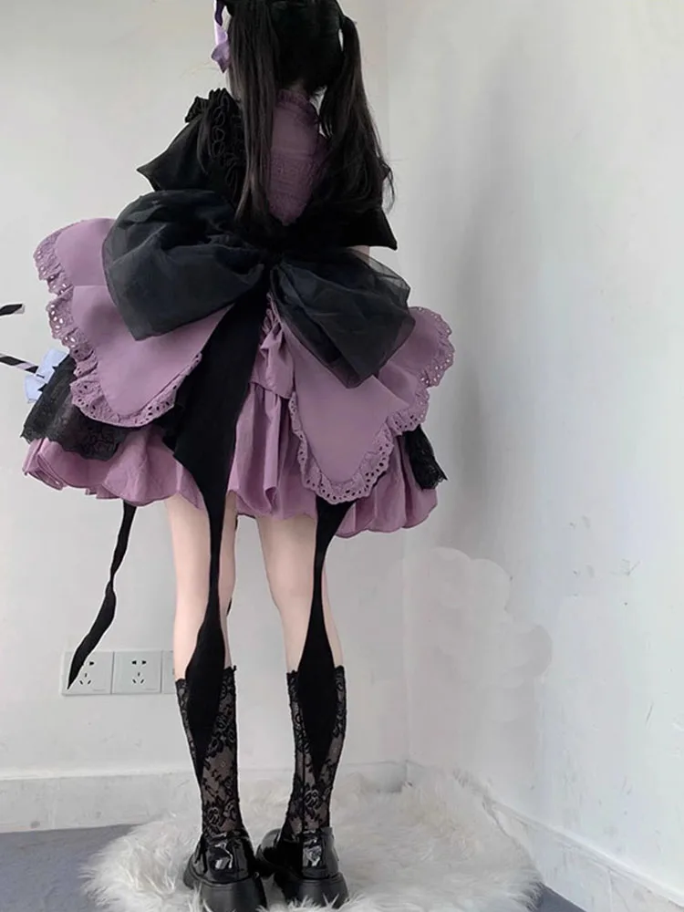 Black Purple Girl Lolita Dress Op High Waist Cute Puffy Trailing